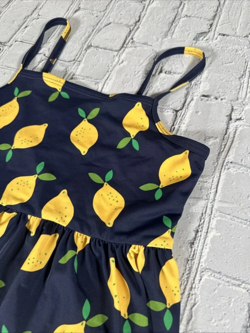 Hanna Andersson Lemon Tankini Swim Top Size 140 CM 10 Navy Blue Yellow Girls